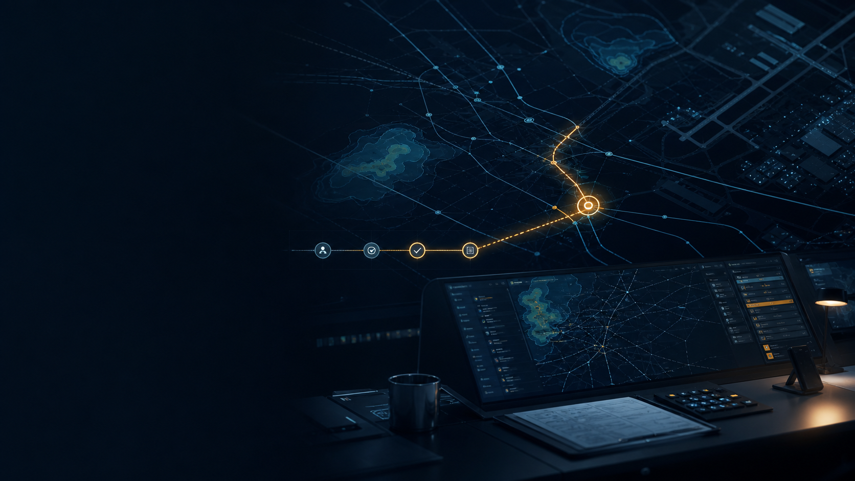 Illustrative night operations workspace with weather contours, route paths, and one amber priority signal